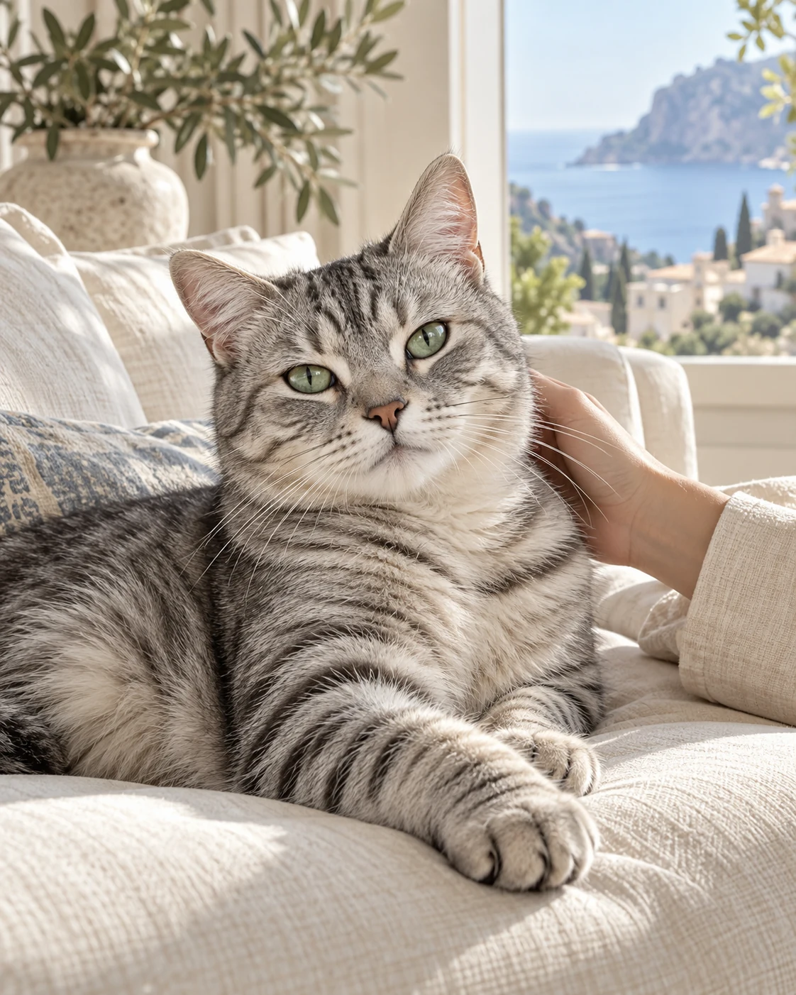 A silver tabby cat resting on an ivory sofa in soft window light beside a gentle hand