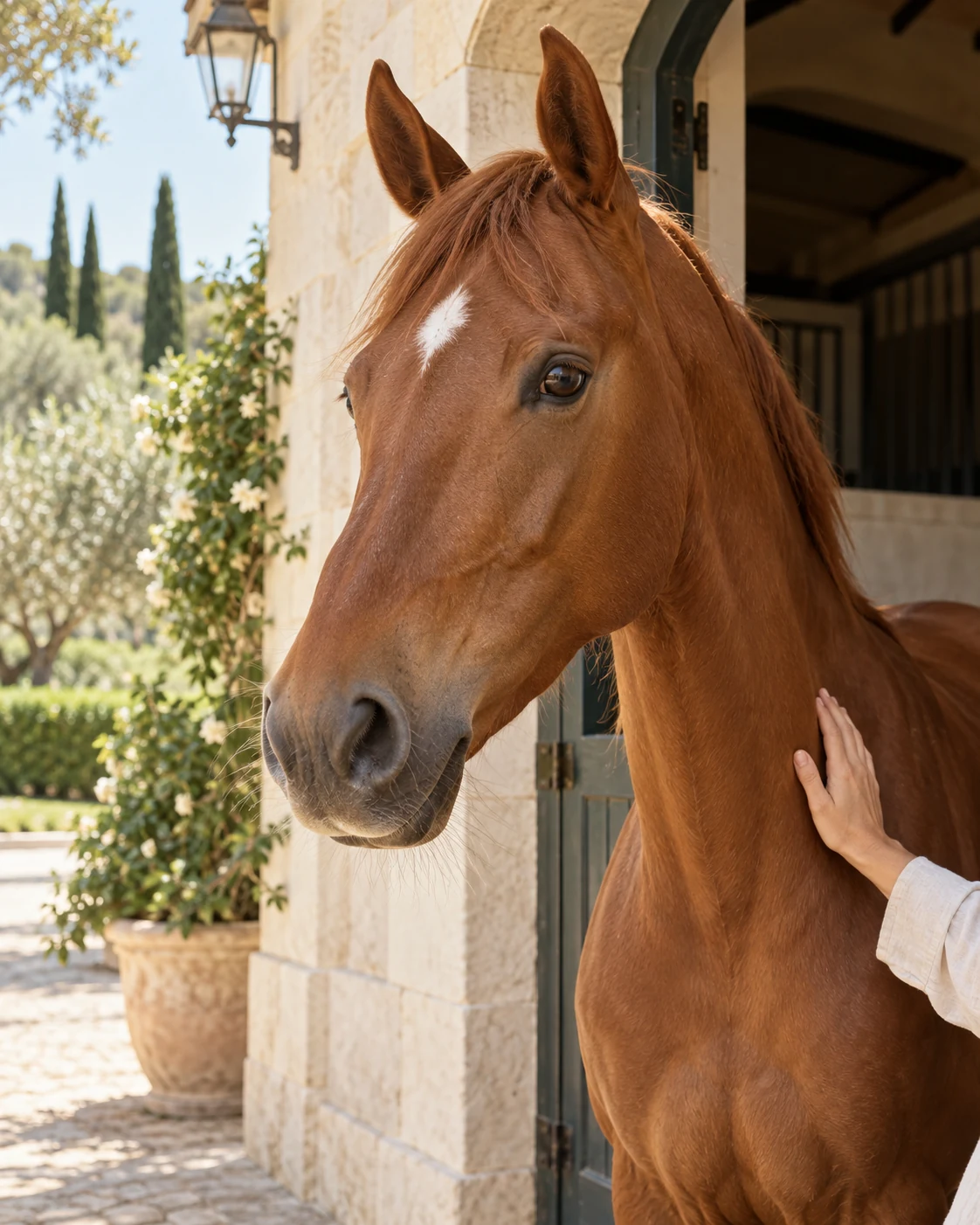 A chestnut horse in a sunlit stone stable, with a hand resting gently on its neck